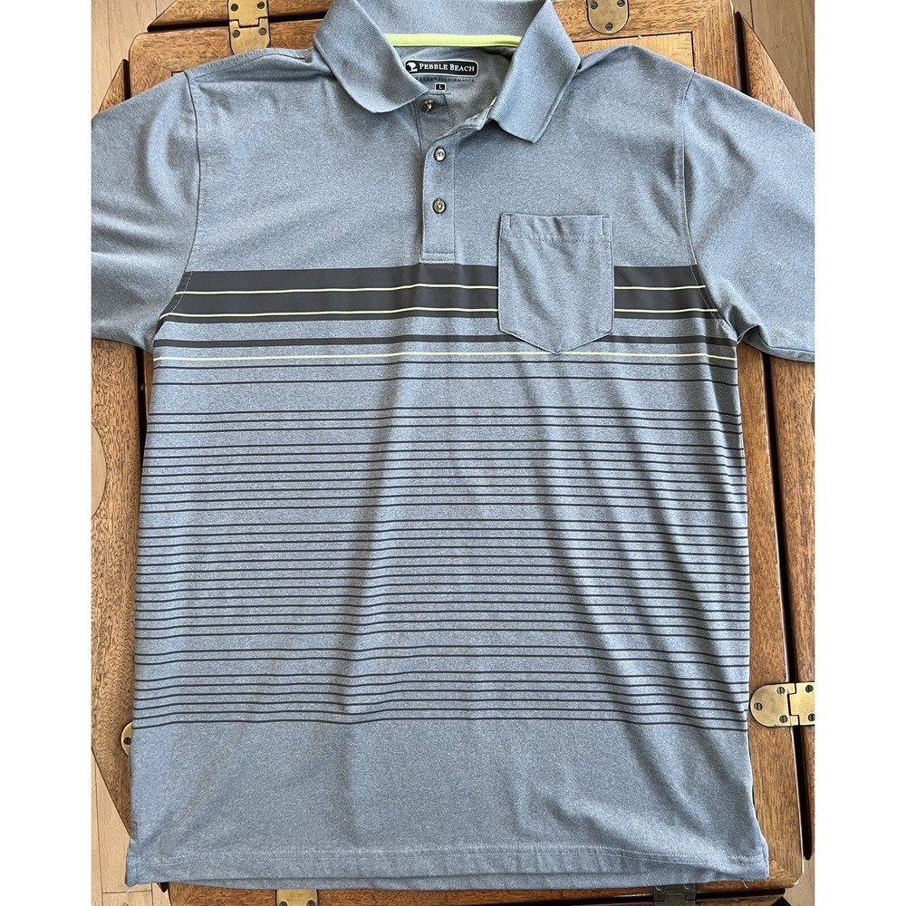 Pebble Beach Dry-Luxe‎ Large Golf Polo Shirt Grey w/ Black Stripes